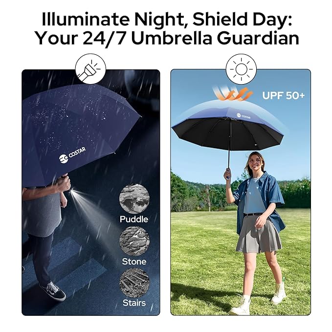 Automatic Umbrella with LED Light – Foldable 3-Fold Umbrella with UPF50+ UV Protection